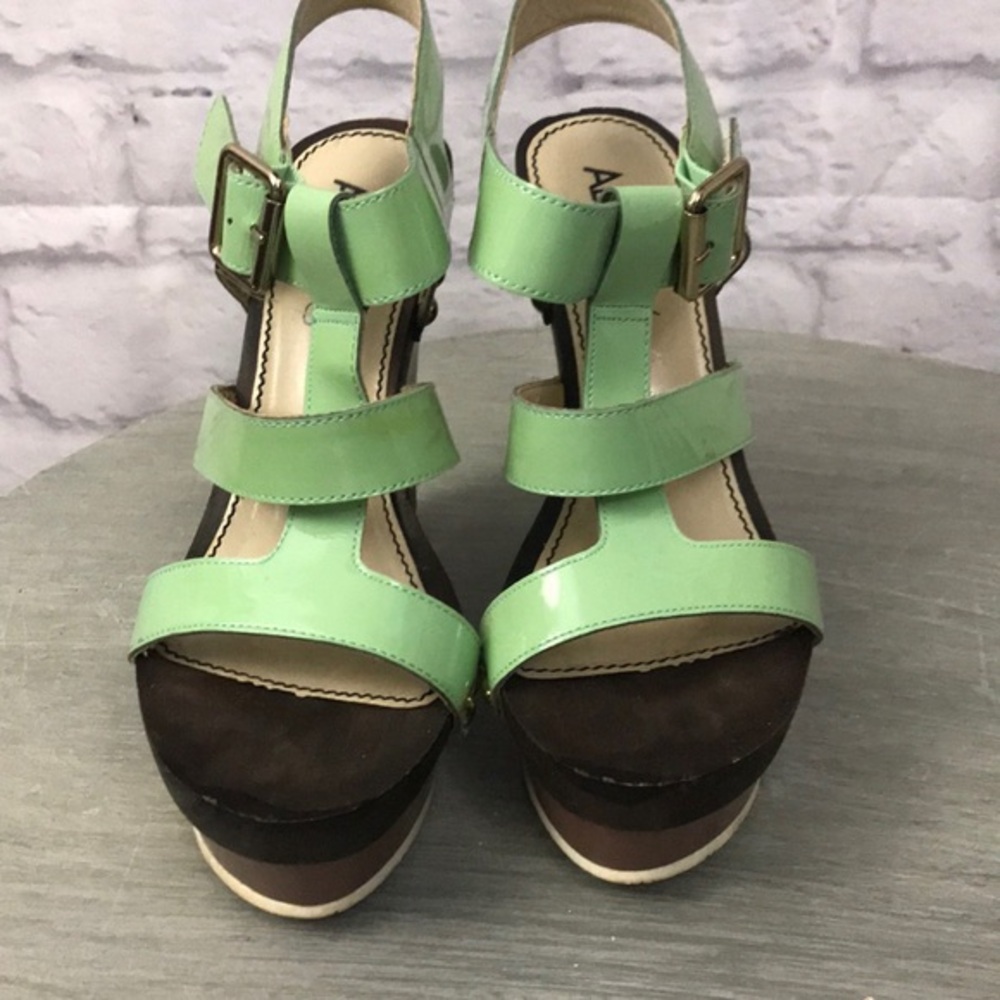 ABS Allen Schwartz Leather “Graciela” Ankle Strap Wedges,  Mint Green 7.5
